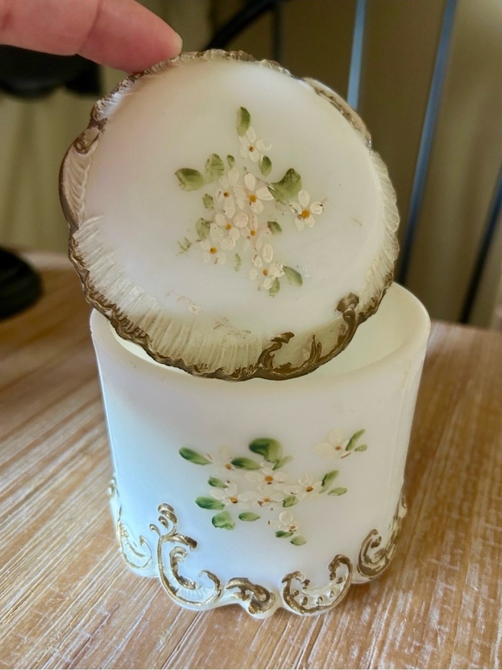 Antique Dithridge Hand Painted Floral Milk Glass Trinket Jar - Picture 13 of 13